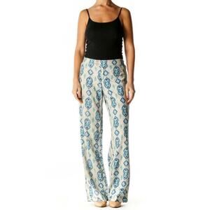 Willi Smith Womens Pants Sz 4  Geometric Print Linen Blue Beige Wide Leg